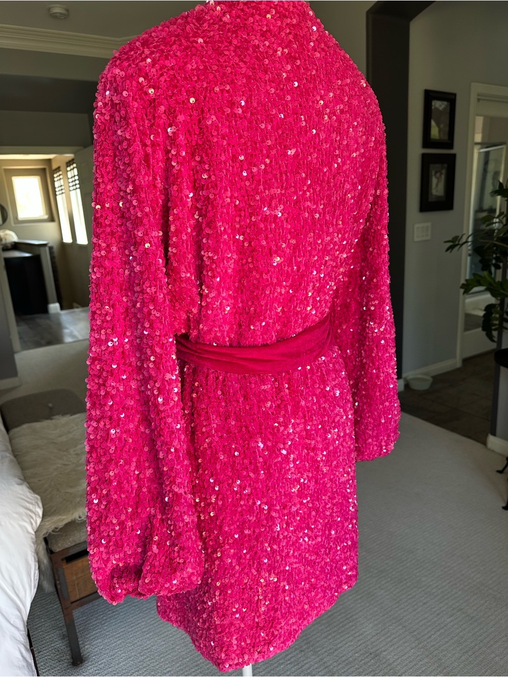 Blue B Collection, Bright Pink Sequin Wrap Mini Dress with Belt, size large - Picture 5 of 16